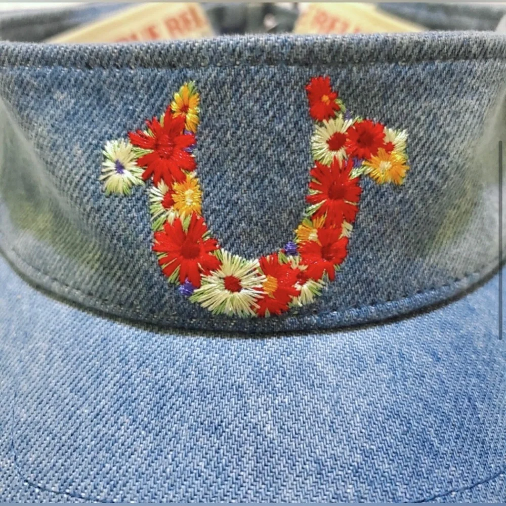 True Religion Floral Logo blue Denim Adjustable‎ Sun Visor Hat new